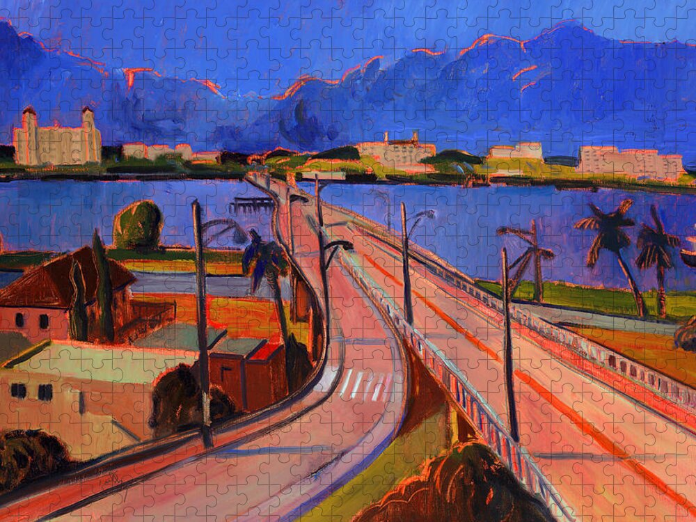 Landscape Jigsaw Puzzle featuring the painting Bridge to Palm Beach by Thomas Tribby