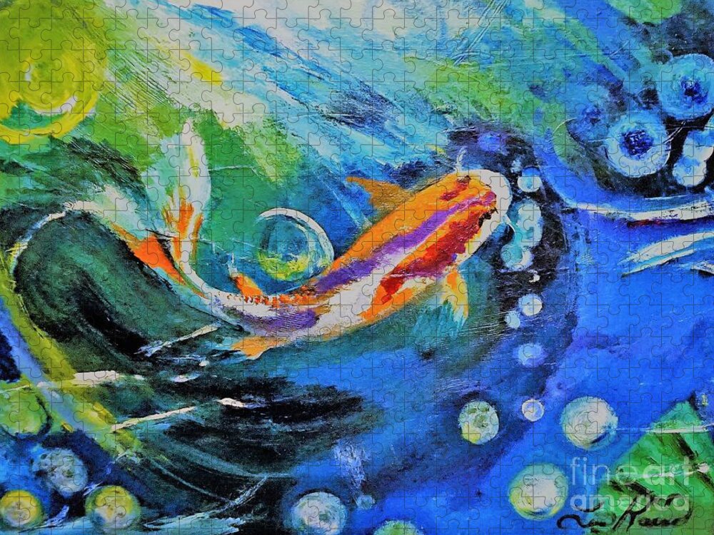 Koi Jigsaw Puzzle featuring the painting Bubbly Koi World by Lisa Kaiser