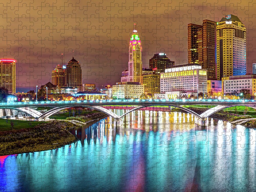 Columbus Skyline Jigsaw Puzzle featuring the photograph Buckeye Skyline - Columbus at Night on the Water by Gregory Ballos