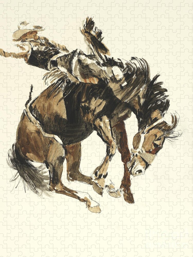 Western Jigsaw Puzzle featuring the painting Bucking Horse Facing Right by Don Langeneckert