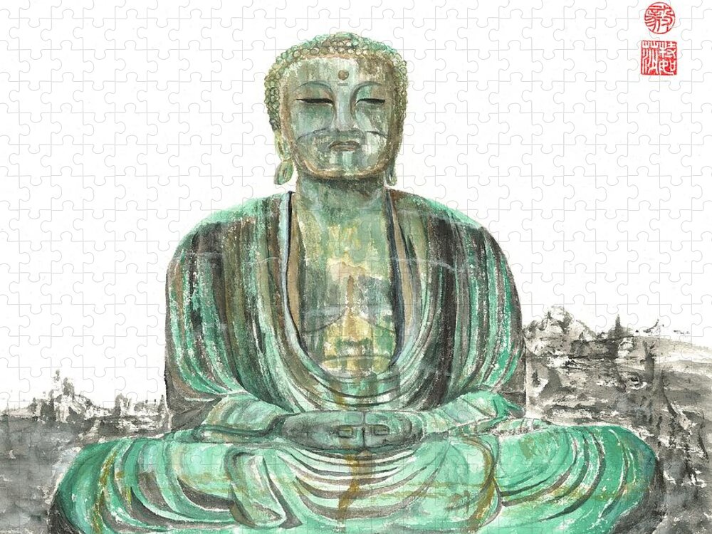 Japanese Jigsaw Puzzle featuring the painting Buddha of Kamakura statue by Terri Harris