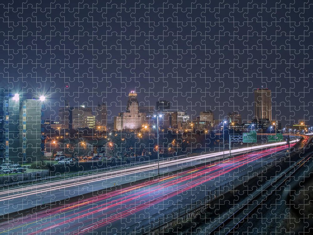 Buffalo Jigsaw Puzzle featuring the photograph Buffalo night skyline from above the 190... by Jay Smith