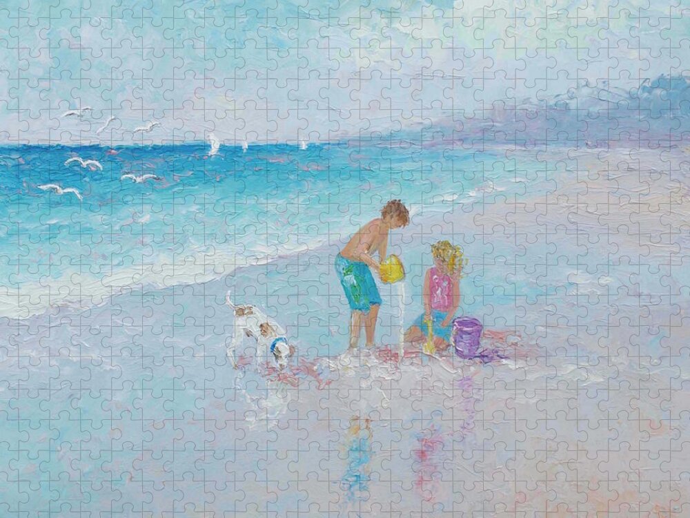 Beach Jigsaw Puzzle featuring the painting Building Sandcastles by Jan Matson