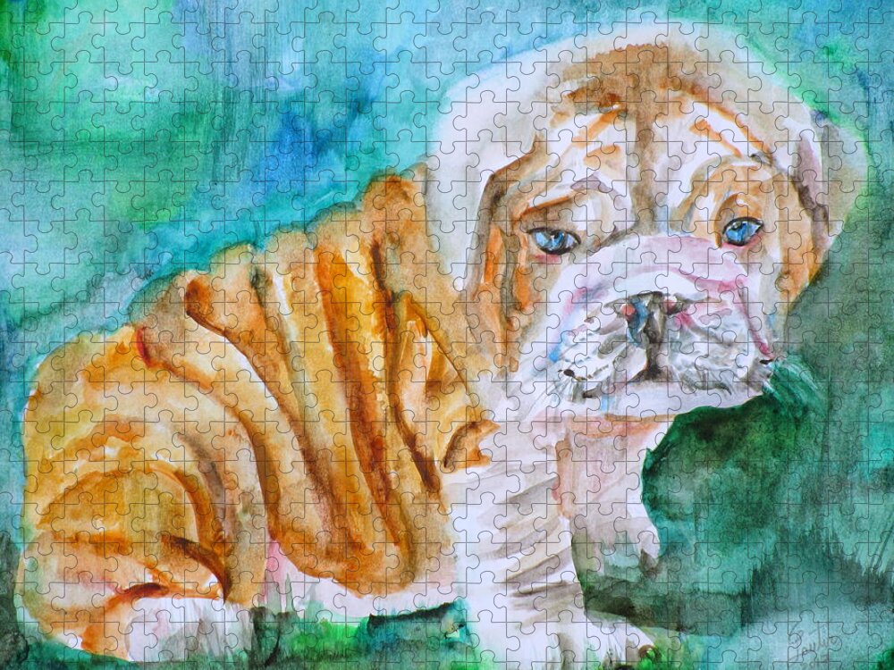 Bulldog Jigsaw Puzzle featuring the painting BULLDOG CUB - watercolor portrait by Fabrizio Cassetta