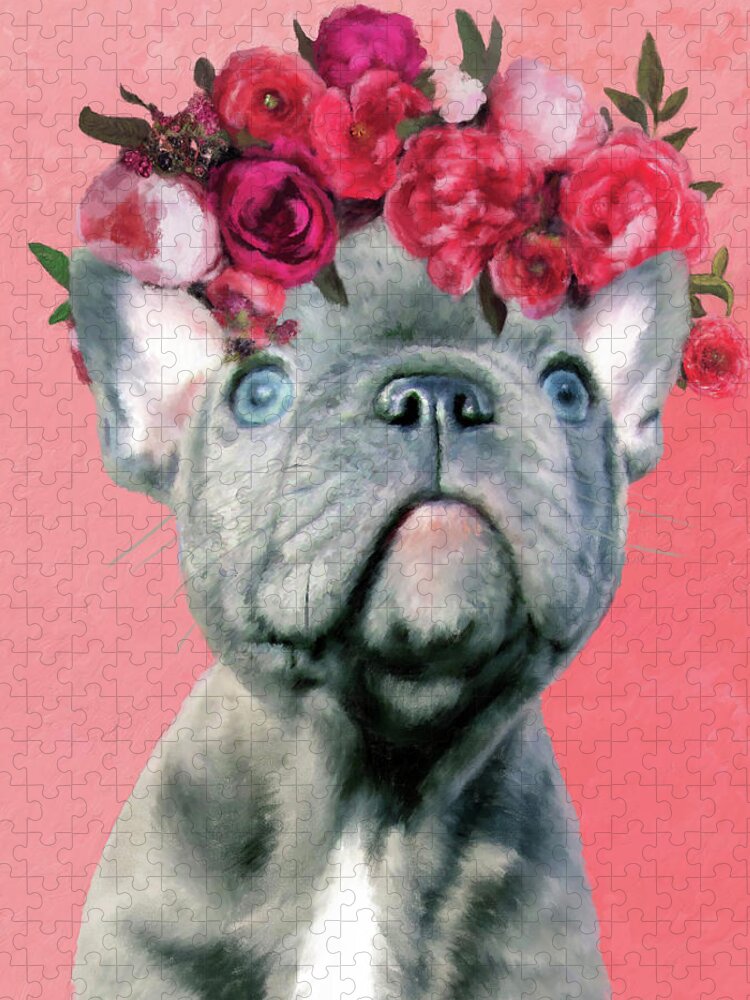Bulldog Jigsaw Puzzle featuring the painting Bulldog with Flowers by Portraits By NC
