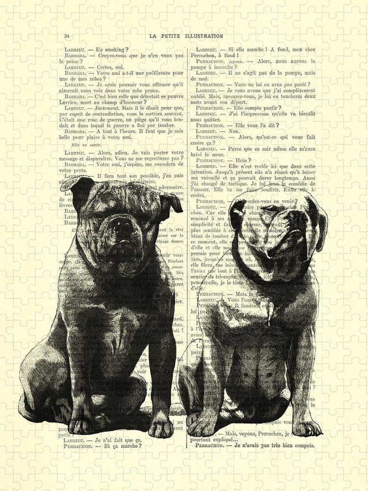 Dog Lover Jigsaw Puzzle featuring the digital art Bulldogs, two dogs sitting black and white vintage illustration by Madame Memento