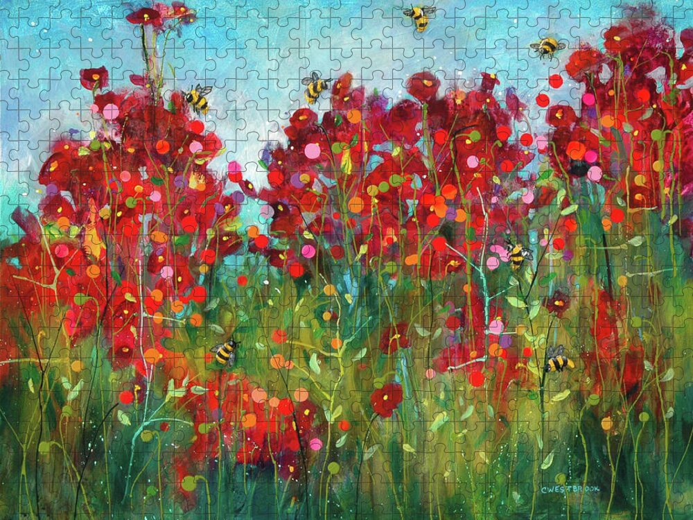 Artwork Jigsaw Puzzle featuring the painting Bumblebees and Poppies by Cynthia Westbrook