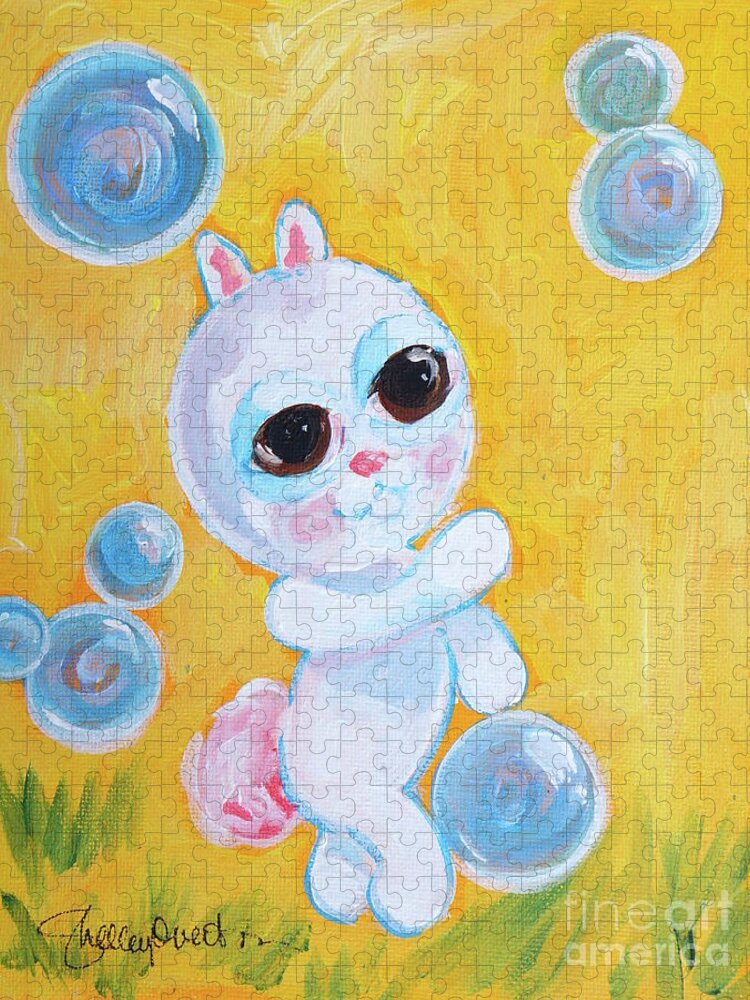 Bunny Jigsaw Puzzle featuring the mixed media Bunny and the Bubbles Painting for Children by Shelley Overton