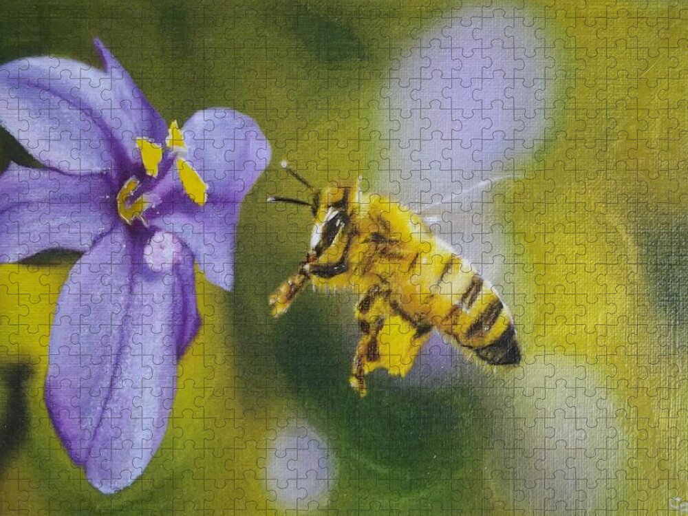 Honey Bee Jigsaw Puzzle featuring the mixed media Busy Bee by Cara Frafjord