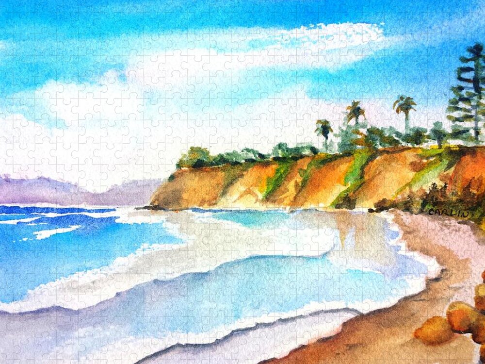 Ocean Jigsaw Puzzle featuring the painting Butterfly Beach Santa Barbara by Carlin Blahnik CarlinArtWatercolor