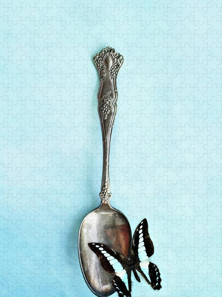 Antique Jigsaw Puzzle featuring the photograph Butterfly Resting on Antique Spoon by Stephanie Frey