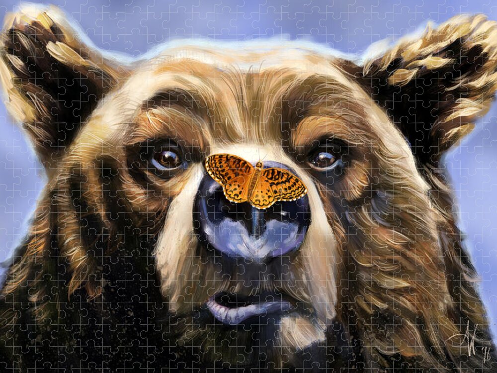 Bear Jigsaw Puzzle featuring the digital art Butterfly Surprise by Arie Van der Wijst
