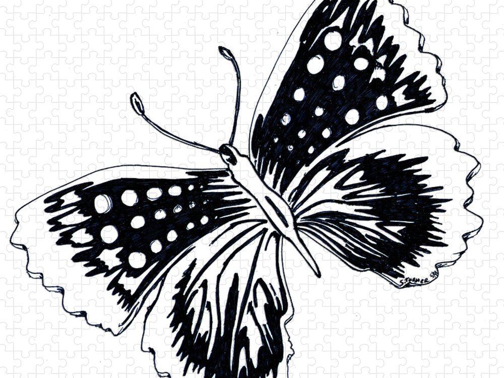 Black And White Jigsaw Puzzle featuring the drawing Butterfly by Susan Turner Soulis