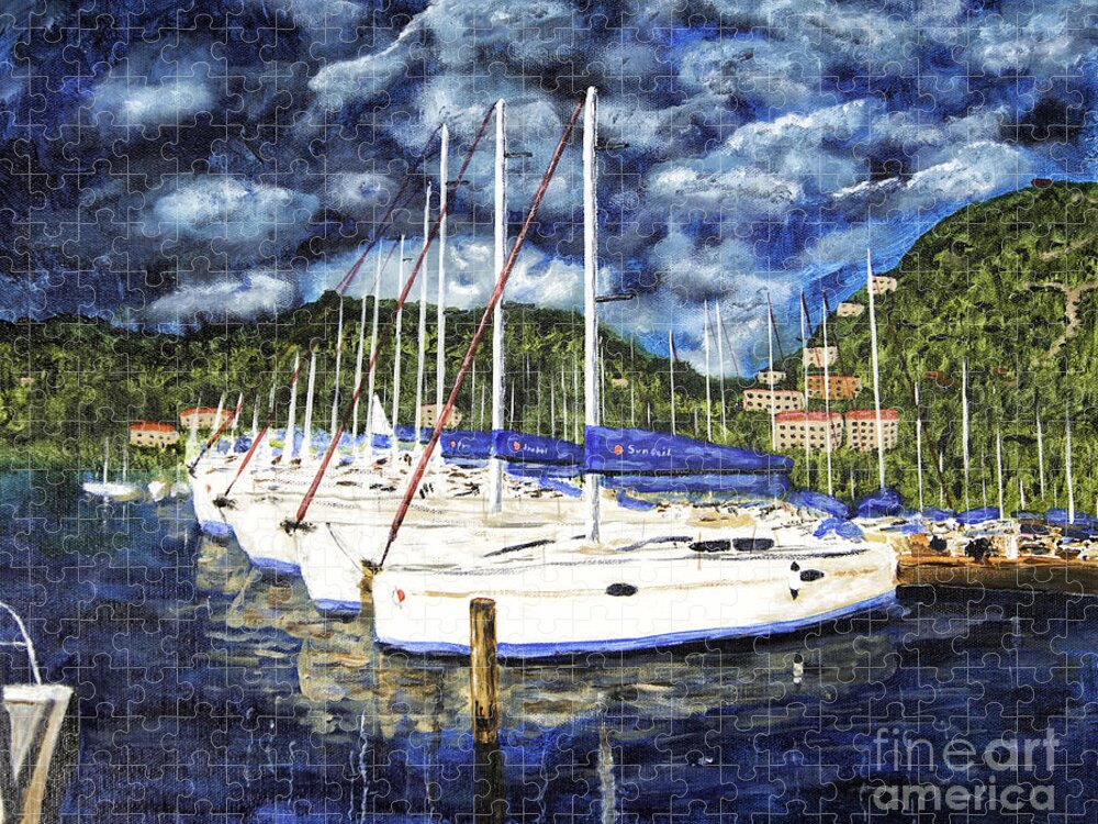 Acrylic Paintings Jigsaw Puzzle featuring the painting BVI Sailboats Painting by Timothy Hacker