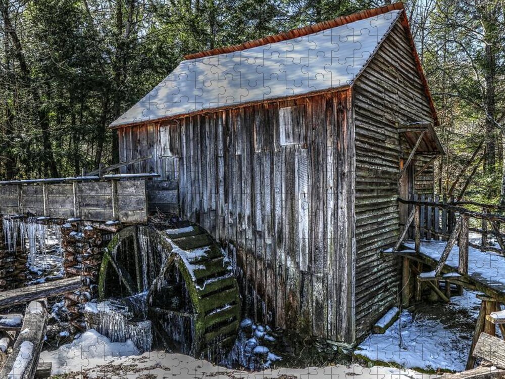 John P.cable Grist Mill Jigsaw Puzzle featuring the photograph Cades Cove Grist Mill In Winter by Carol Montoya