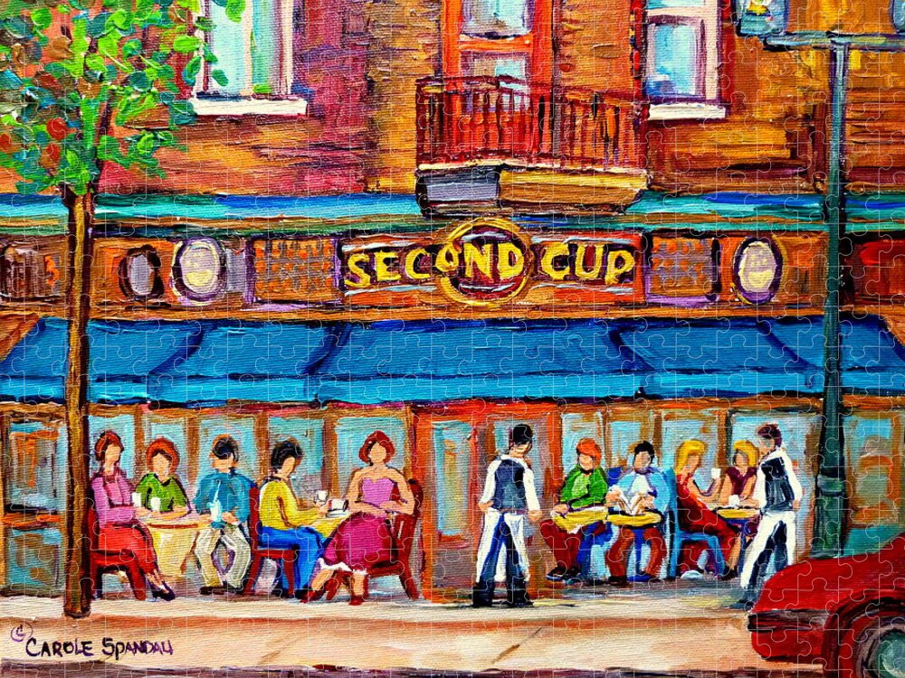 Cafe Second Cup Terrace Montreal Street Scenes Jigsaw Puzzle featuring the painting Cafe Second Cup Terrace by Carole Spandau