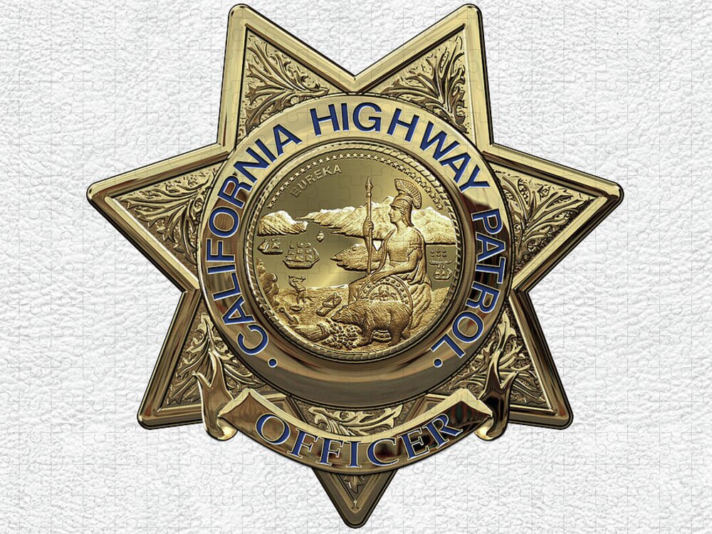 'law Enforcement Insignia & Heraldry' Collection By Serge Averbukh Jigsaw Puzzle featuring the digital art California Highway Patrol - C H P Police Officer Badge over White Leather by Serge Averbukh