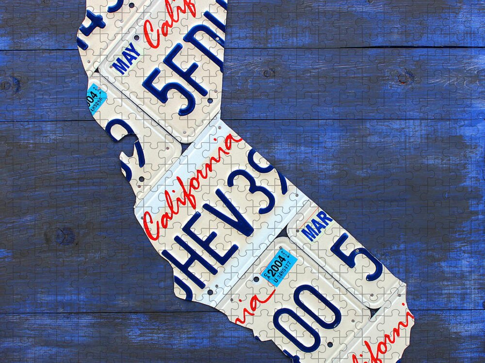 California Jigsaw Puzzle featuring the mixed media California License Plate Map On Blue by Design Turnpike