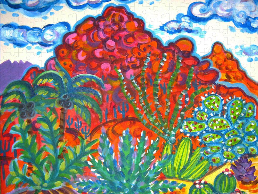Rachel Houseman Jigsaw Puzzle featuring the painting Camelback Mountain Cactus Garden by Rachel Houseman