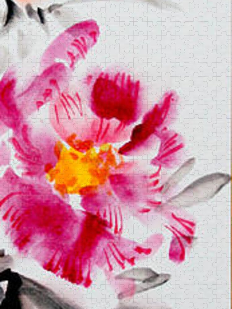 Japanese Jigsaw Puzzle featuring the painting Camellia And Butterfly by Fumiyo Yoshikawa