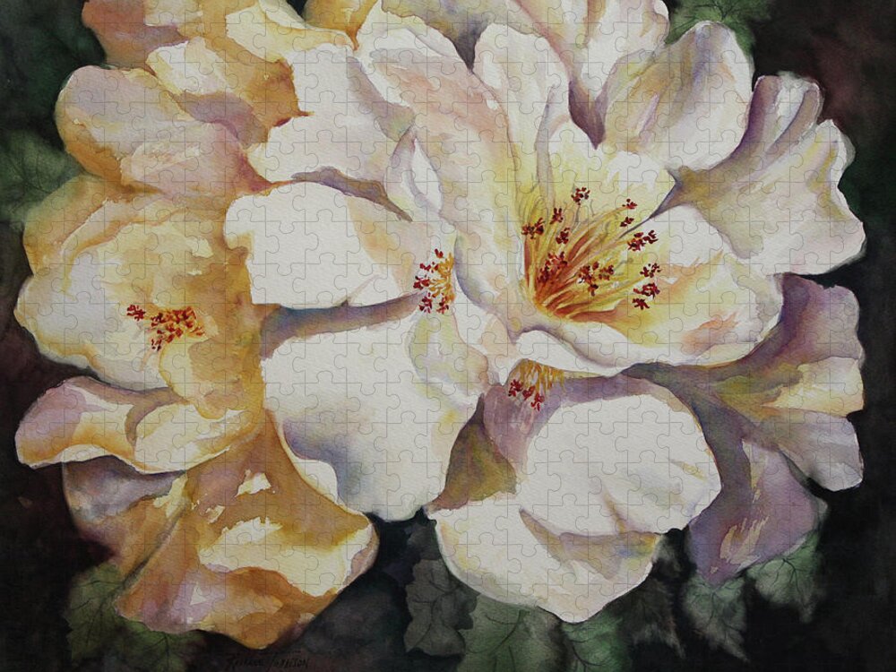 Camellias Jigsaw Puzzle featuring the painting Camellias Golden Glow by Roxanne Tobaison