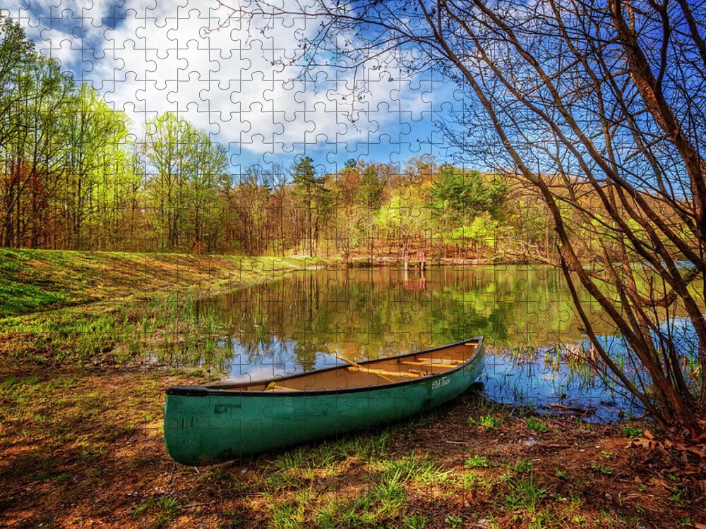 Appalachia Jigsaw Puzzle featuring the photograph Canoe at Lakeside by Debra and Dave Vanderlaan