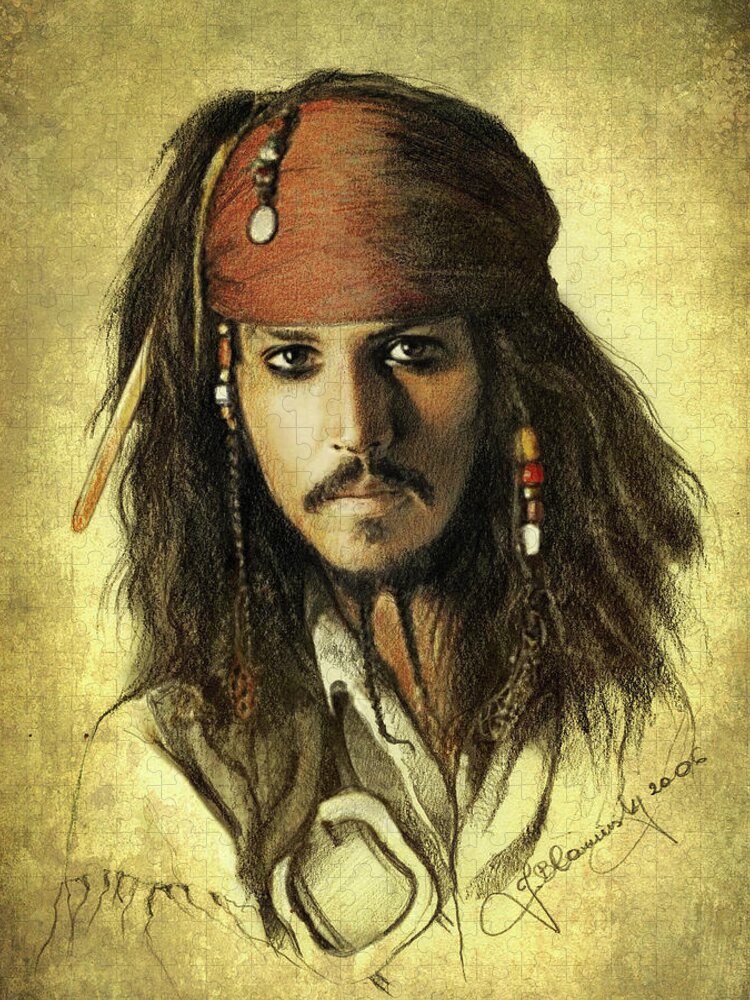 Face Jigsaw Puzzle featuring the drawing Captain Jack Sparrow by Jaroslaw Blaminsky
