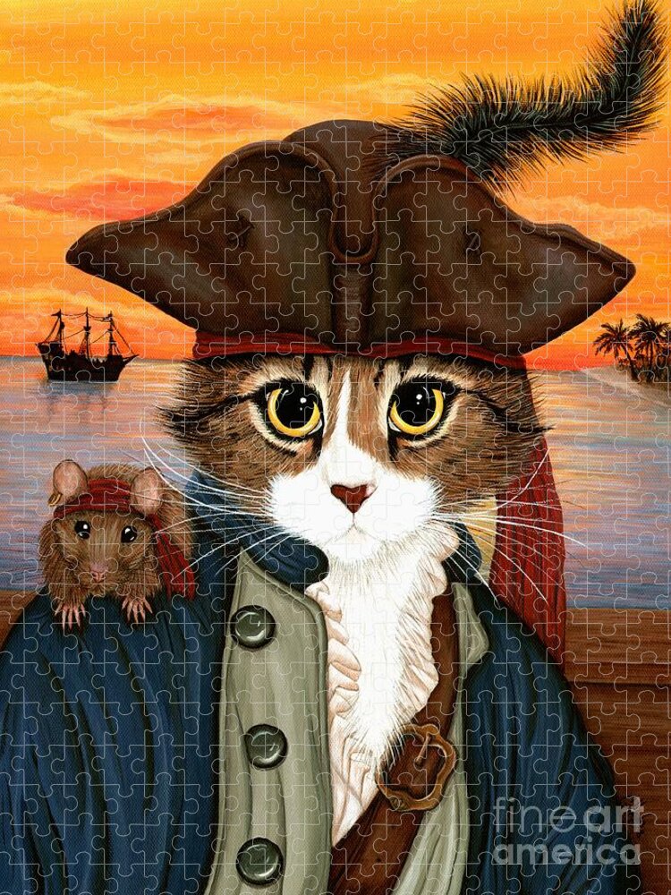 Pirate Cat Jigsaw Puzzle featuring the painting Captain Leo - Pirate Cat and Rat by Carrie Hawks