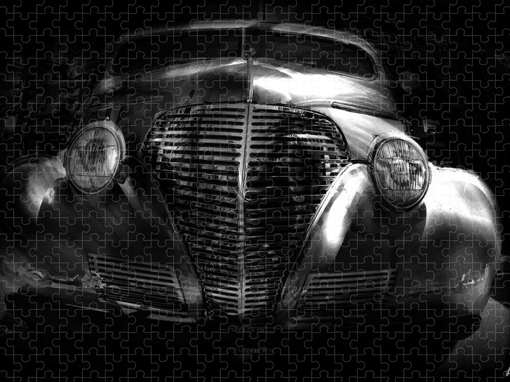 1939 Jigsaw Puzzle featuring the photograph Car Art 1939 in a Bubble BW by Lesa Fine