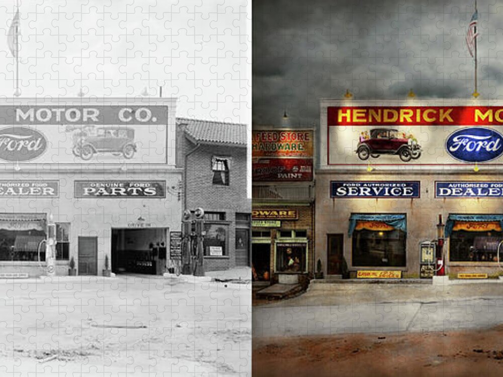 Hendrick Motor Jigsaw Puzzle featuring the photograph Car - Garage - Hendricks Motor Co 1928 - Side by Side by Mike Savad