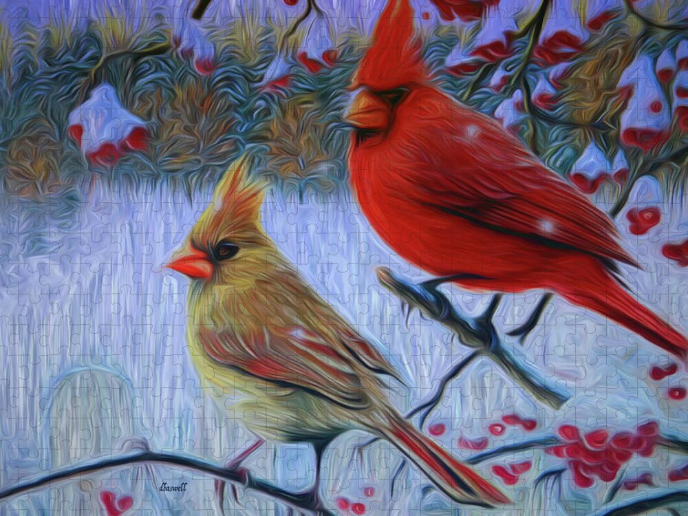 Painted Photo Jigsaw Puzzle featuring the digital art Cardinal Family by Dennis Baswell