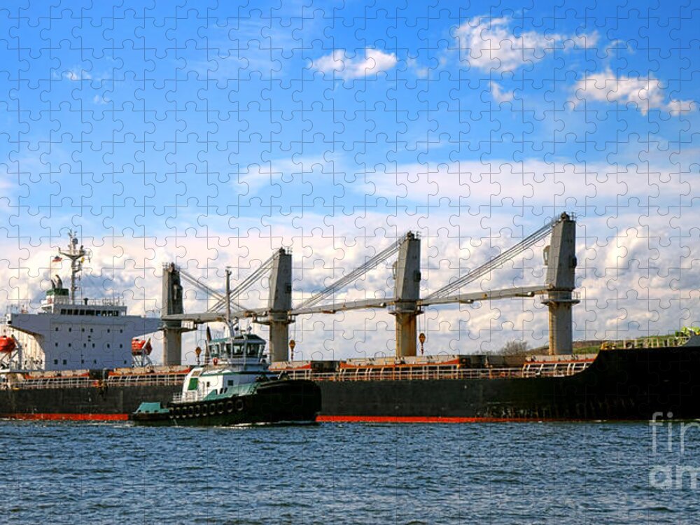 Freight Jigsaw Puzzle featuring the photograph Cargo Ship and Tugboats by Olivier Le Queinec