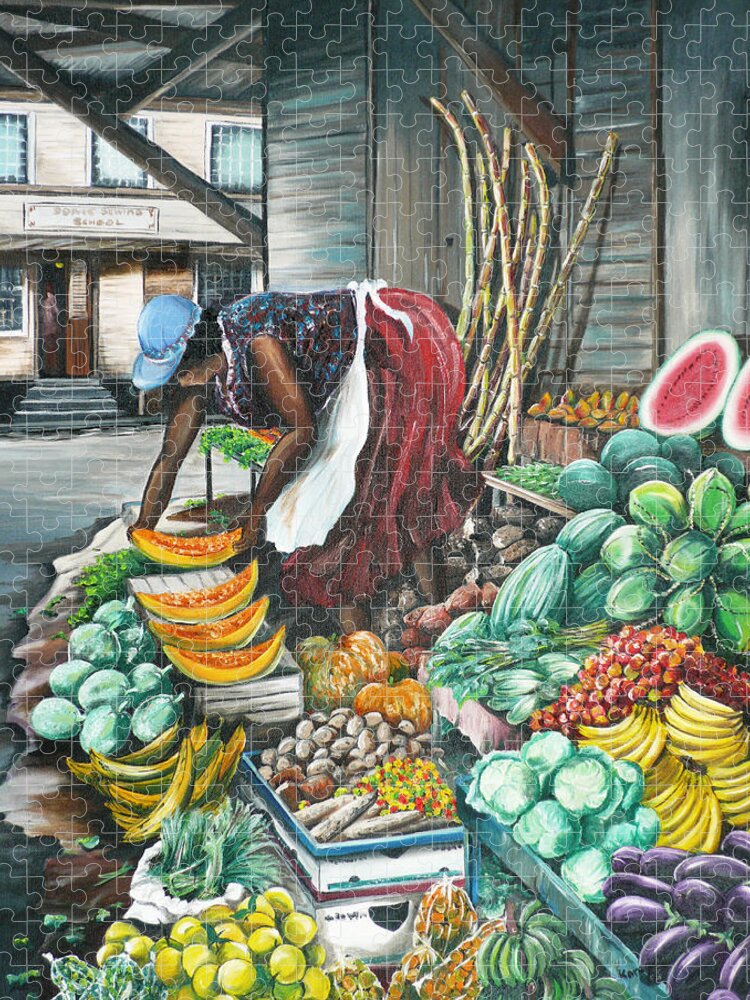  Caribbean Painting Market Vendor Painting Caribbean Market Painting Fruit Painting Vegetable Painting Woman Painting Tropical Painting City Scape Trinidad And Tobago Painting Typical Roadside Market Vendor In Trinidad Jigsaw Puzzle featuring the painting Caribbean Market Day by Karin Dawn Kelshall- Best