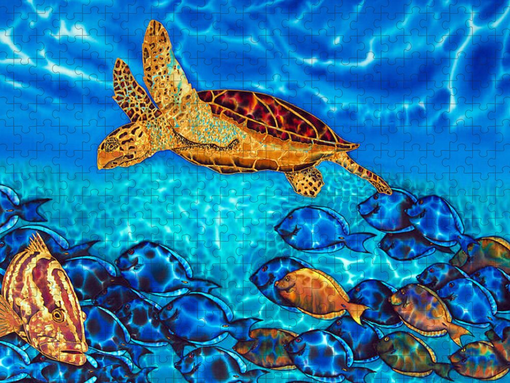 Turtle Jigsaw Puzzle featuring the painting Caribbean Sea Turtle and Reef Fish by Daniel Jean-Baptiste