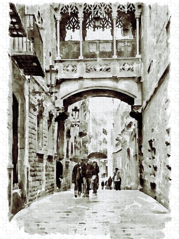 Marian Voicu Jigsaw Puzzle featuring the painting Carrer del Bisbe - Barcelona Black and White by Marian Voicu