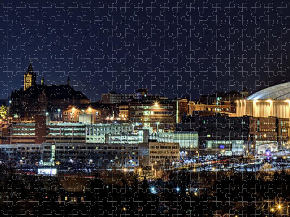 Skyline Jigsaw Puzzle featuring the photograph Carrier Dome and Syracuse Skyline Panoramic View by Rod Best
