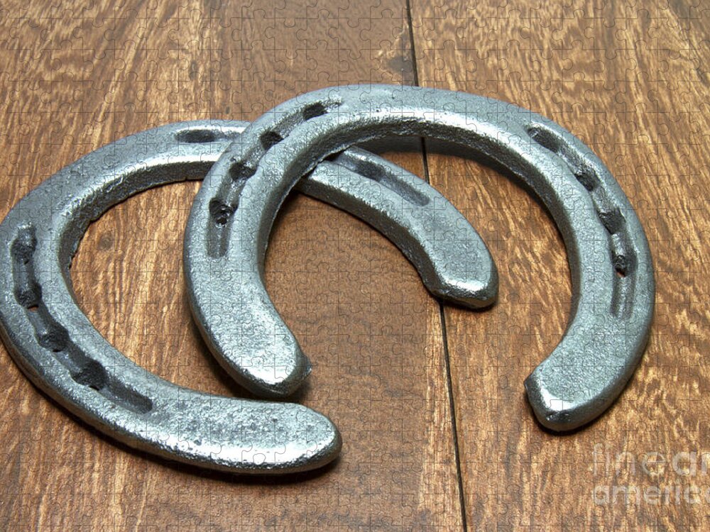 Cast Iron Jigsaw Puzzle featuring the photograph Cast Iron Horseshoes on Barn Wood by Karen Foley