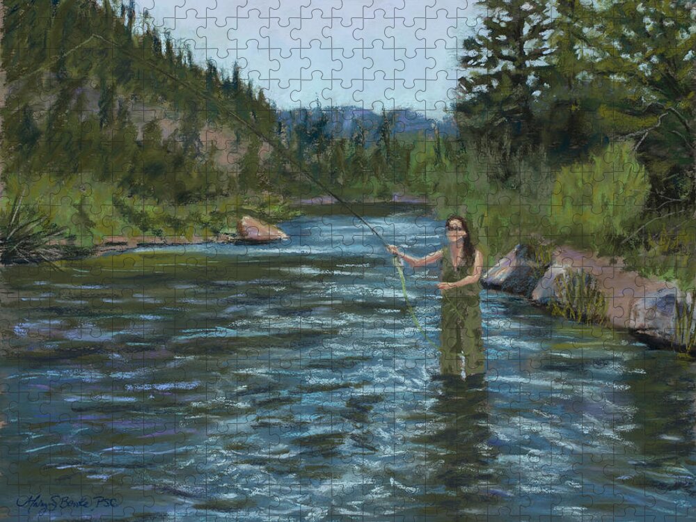 Fly Fishing Girl Jigsaw Puzzle featuring the painting Casting Call by Mary Benke