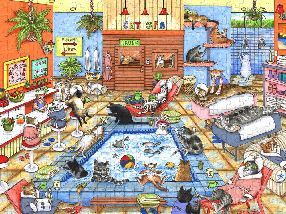 Cat Jigsaw Puzzle featuring the painting Cat 635 Cat Spa by Lucie Dumas