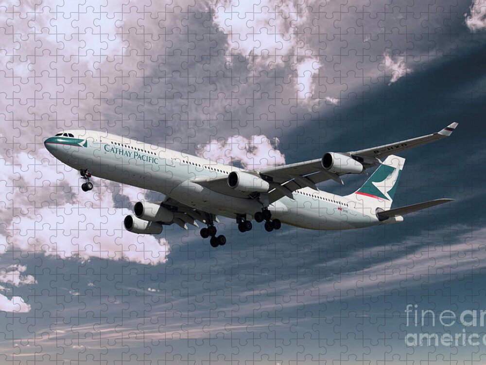 Airbus A340 Jigsaw Puzzle featuring the digital art Cathay Pacific Airbus A340-313X by Airpower Art