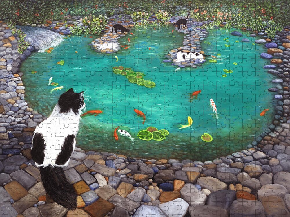 Karen Zuk Rosenblatt Jigsaw Puzzle featuring the painting Cats and Koi by Karen Zuk Rosenblatt