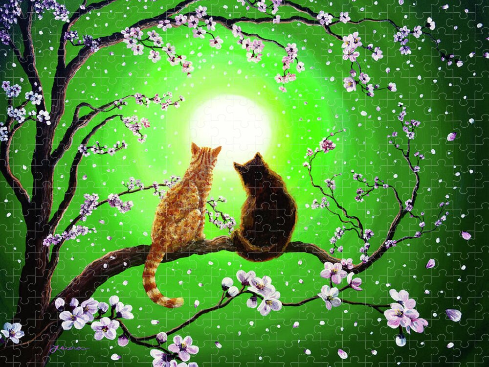 Black Cat Jigsaw Puzzle featuring the painting Cats on a Spring Night by Laura Iverson