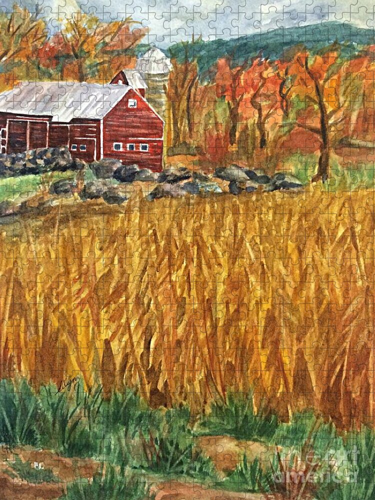 Red Barn Jigsaw Puzzle featuring the painting Red Barn And Cornfields Catskills Autumn by Ellen Levinson