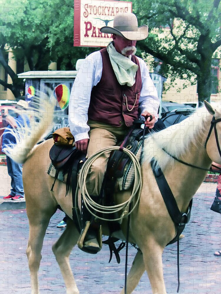#cattledrive #steers #horses #cowboys #fortworthtexas #texas #drivingcattle Jigsaw Puzzle featuring the photograph Horse and Rider by Roberta Byram