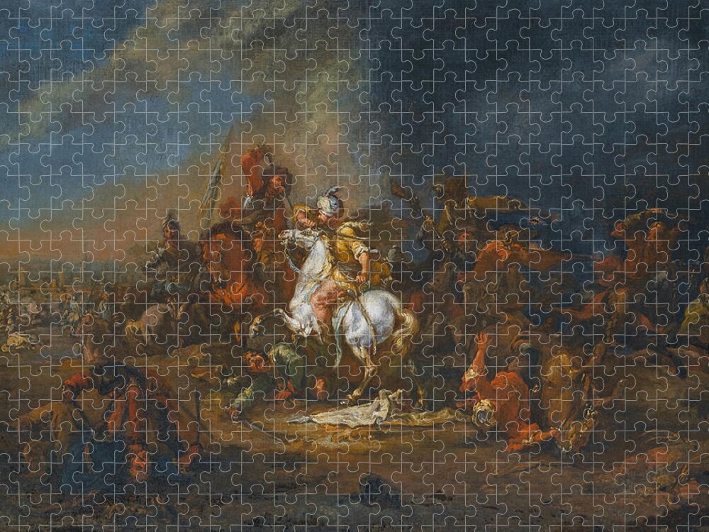 August Querfurt Jigsaw Puzzle featuring the painting Cavalry skirmishes between Turks and Christians 1 by August Querfurt