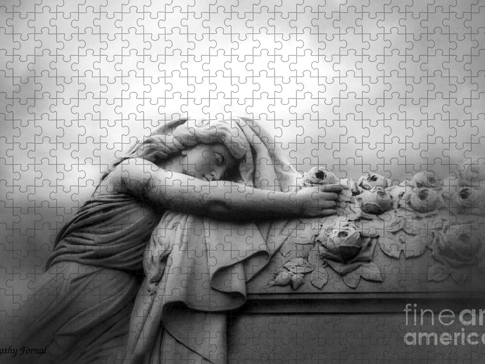 Grave Jigsaw Puzzle featuring the photograph Cemetery Grave Mourner Black White Surreal Coffin Grave Art - Angel Mourner Across Rose Coffin by Kathy Fornal