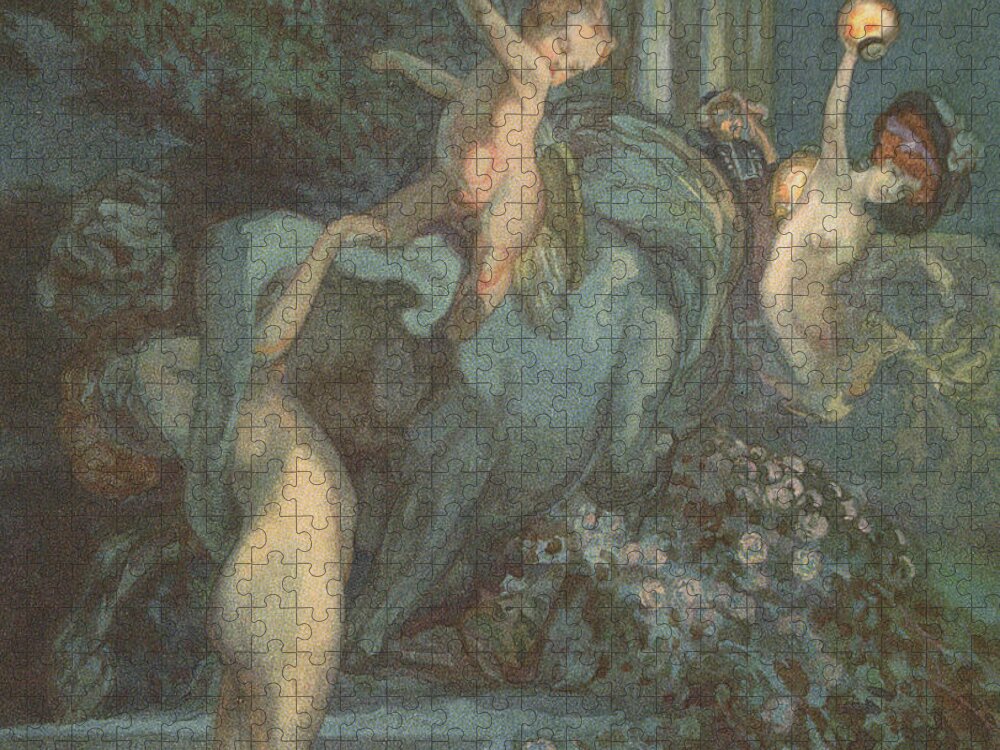 Centaur Jigsaw Puzzle featuring the painting Centaur Nymphs and Cupid by Franz von Bayros