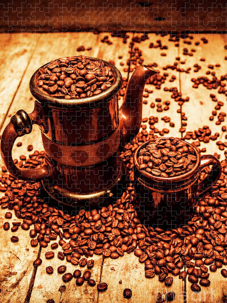 Hot Jigsaw Puzzle featuring the photograph Ceramic coffee pot and mug overflowing with beans by Jorgo Photography