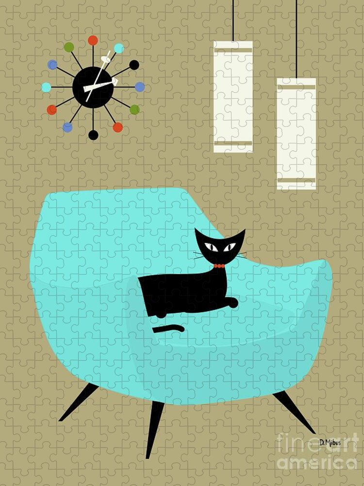 Mid Century Modern Jigsaw Puzzle featuring the digital art Chair with Ball Clock by Donna Mibus