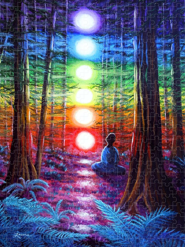 Zen Jigsaw Puzzle featuring the painting Chakra Meditation in the Redwoods by Laura Iverson
